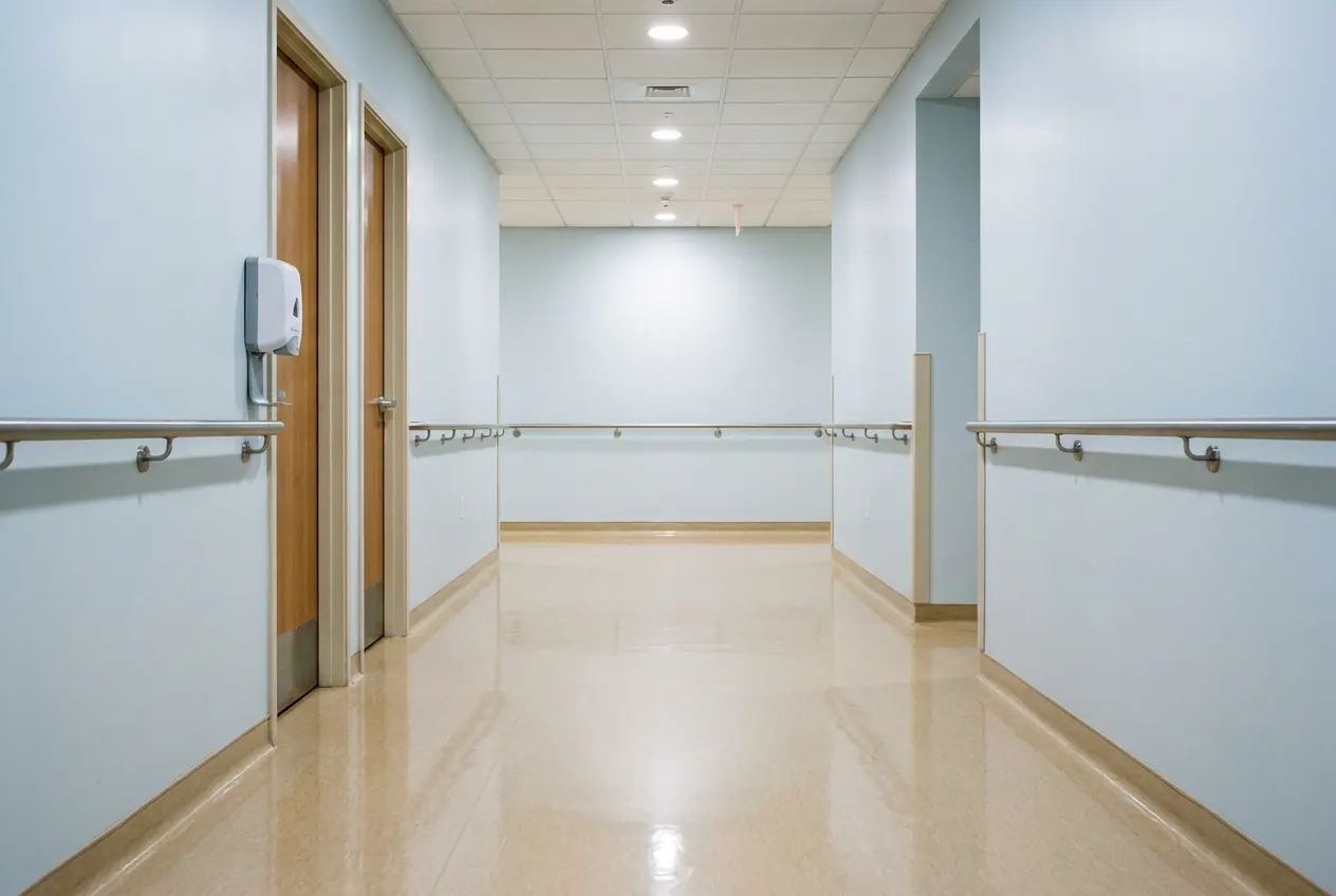 Clean healthcare clinic corridor with wiped handrails